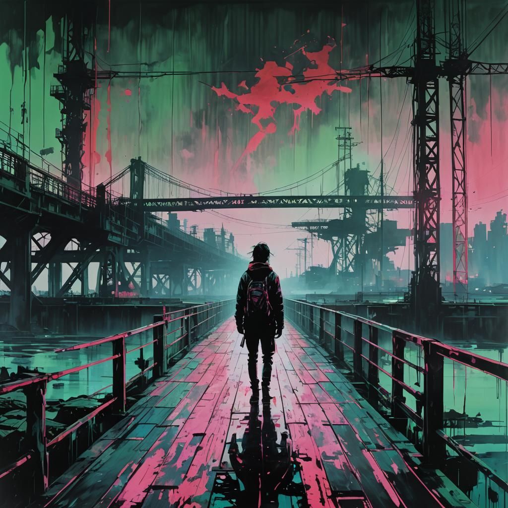 Beautiful majestic from left to right gradient pink blue crystal neon red loneliness, silhouette on bridge, sadness, bla...