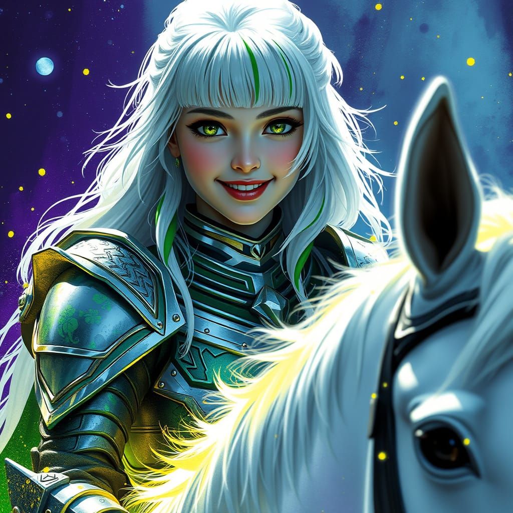 Fantasy Warrior Woman on Horse in Alcohol Ink Style