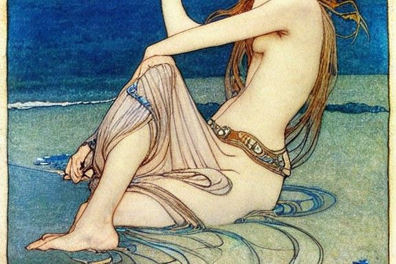 Selkie on the Beach in Art Nouveau Style