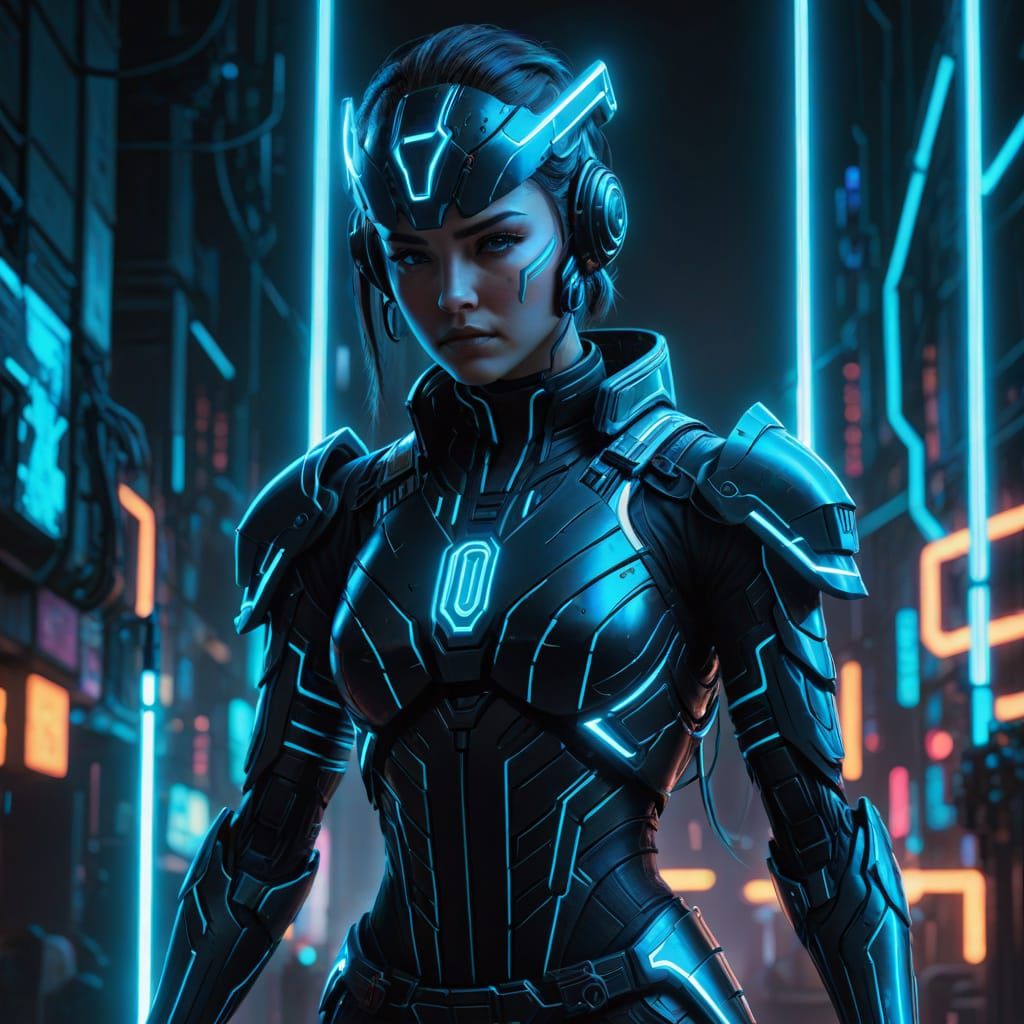 Female Cyberpunk Guardian with Glowing Staff