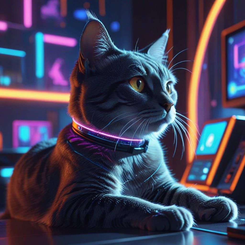 Alpha Cat Plays Futuristic Game in Kuvshinov Style