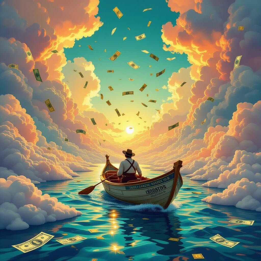 Surreal Dreamscape: Banknote Clouds & Gold Rivers