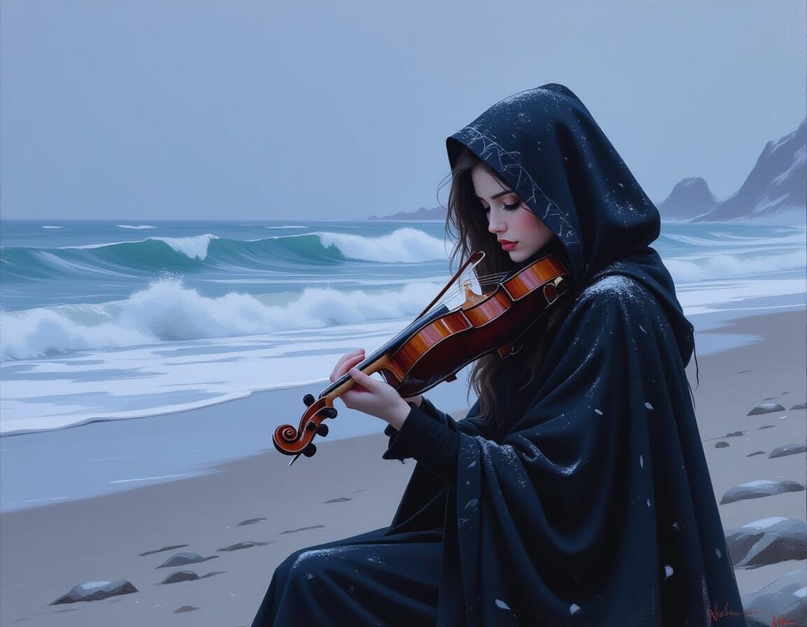 Woman Plays Violin on Snowy Beach in Winter Light