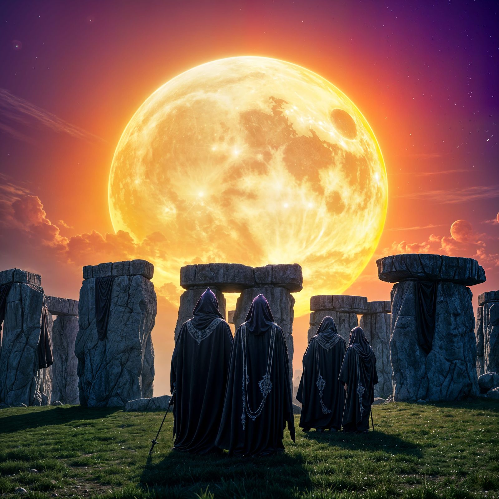Druids at Stonehenge Under a Full Moon