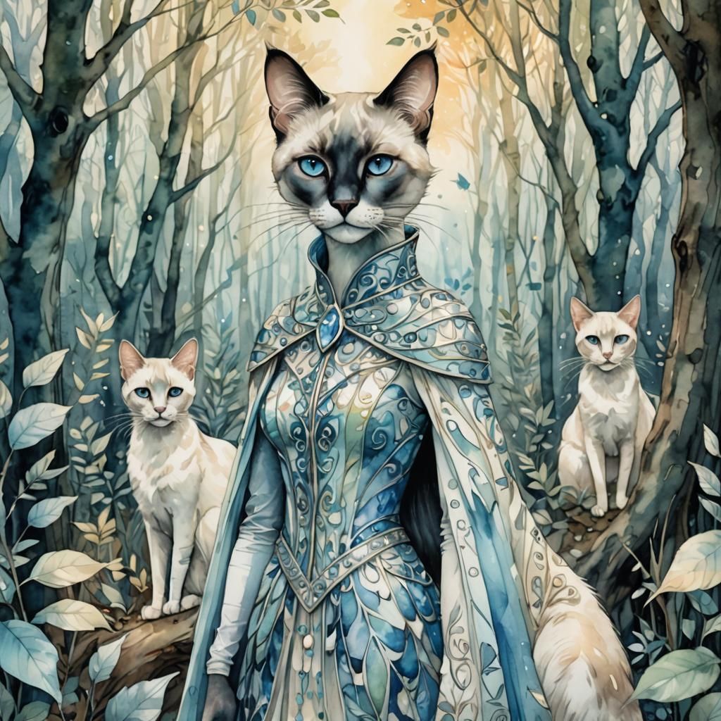 Siamese Catlike Human in Watercolor Fantasy Art
