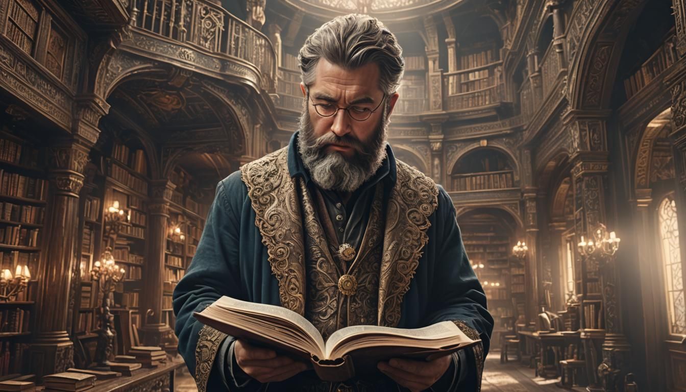 Bearded Man Reading Book in Detailed Digital Painting