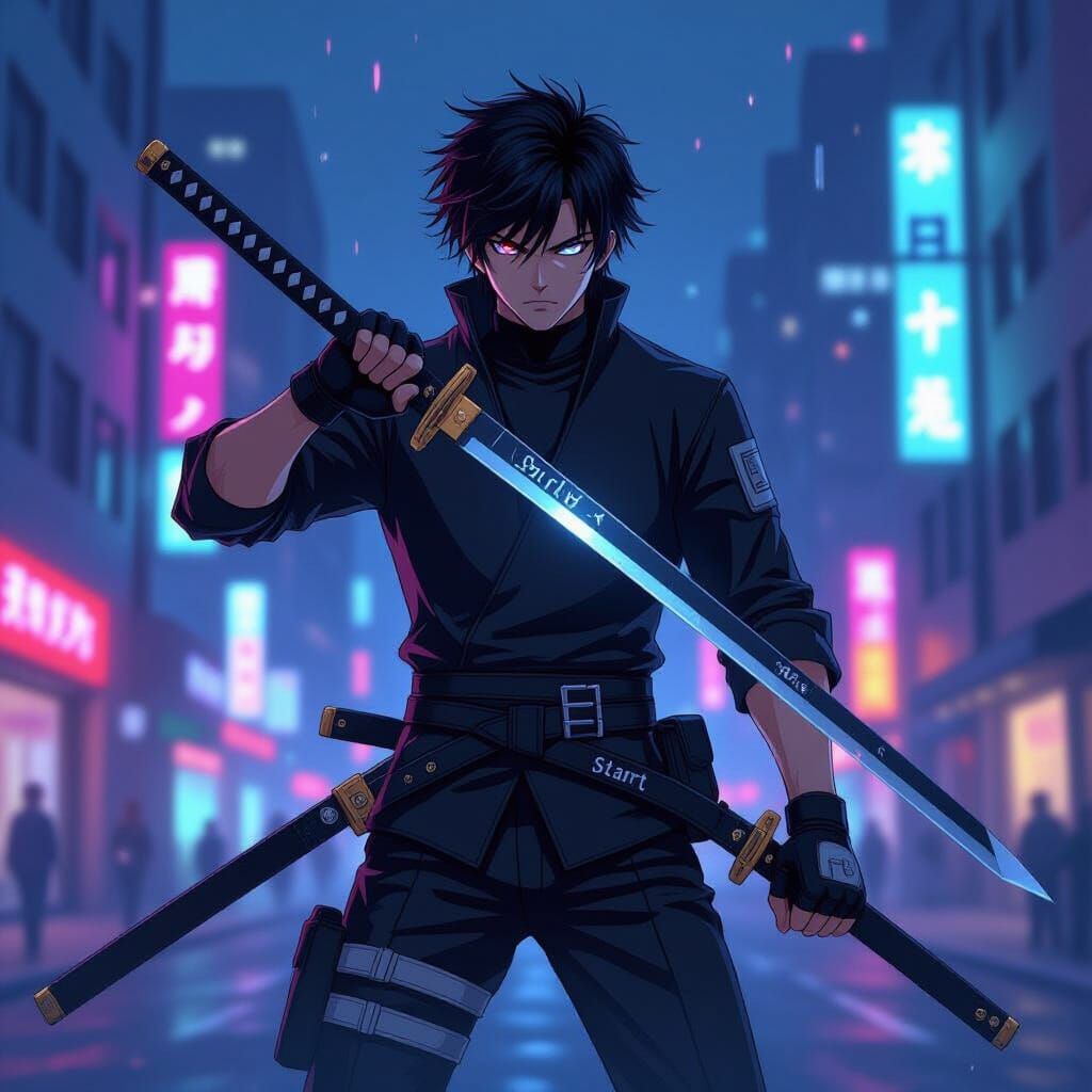 Anime Swordsman in Neon City, Digital Art