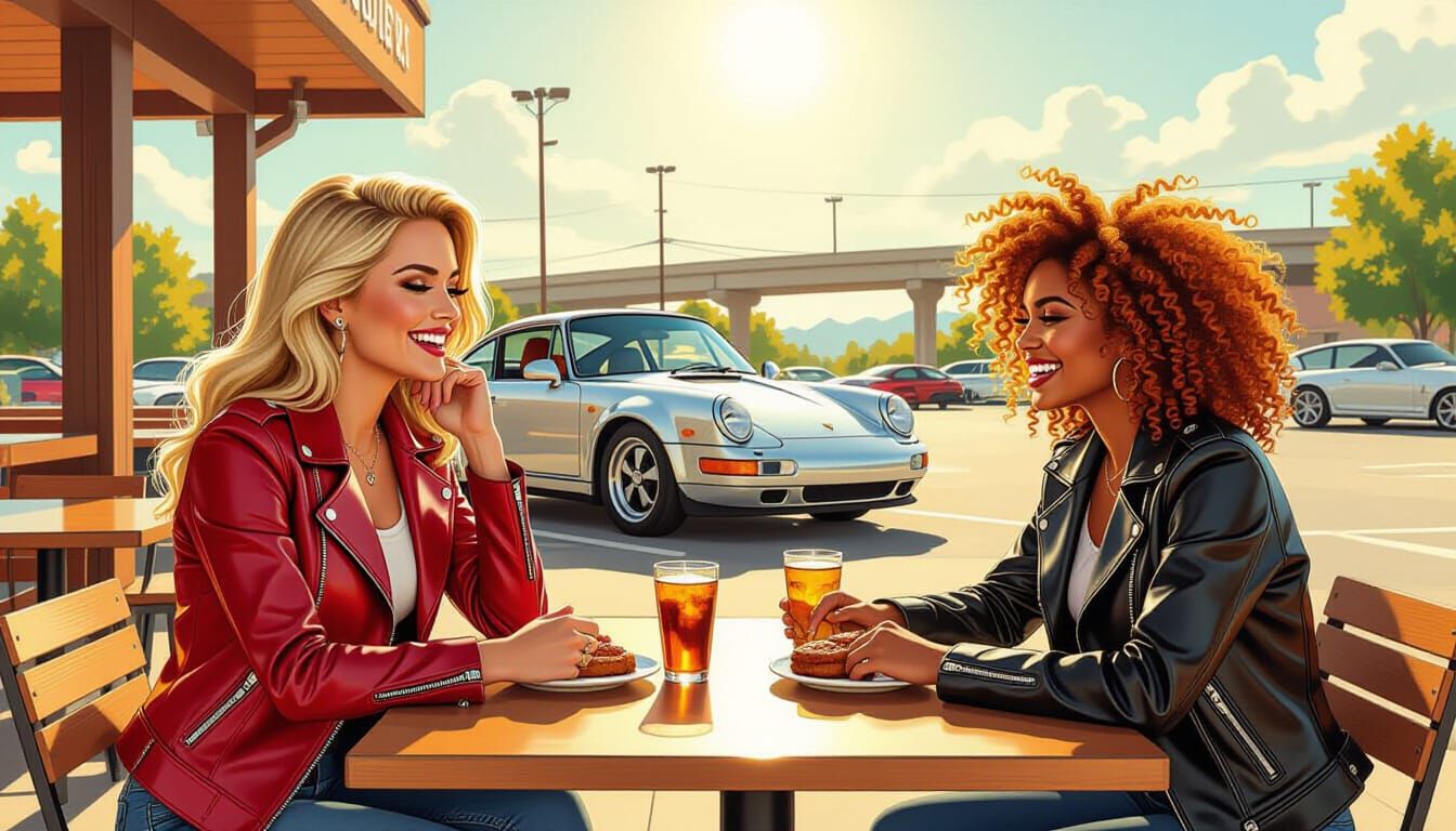 Blonde and Ginger Women Laughing at Southern BBQ Restaurant