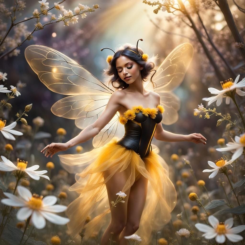 Magical Bumble Bee Fairy Dancing Among Flowers