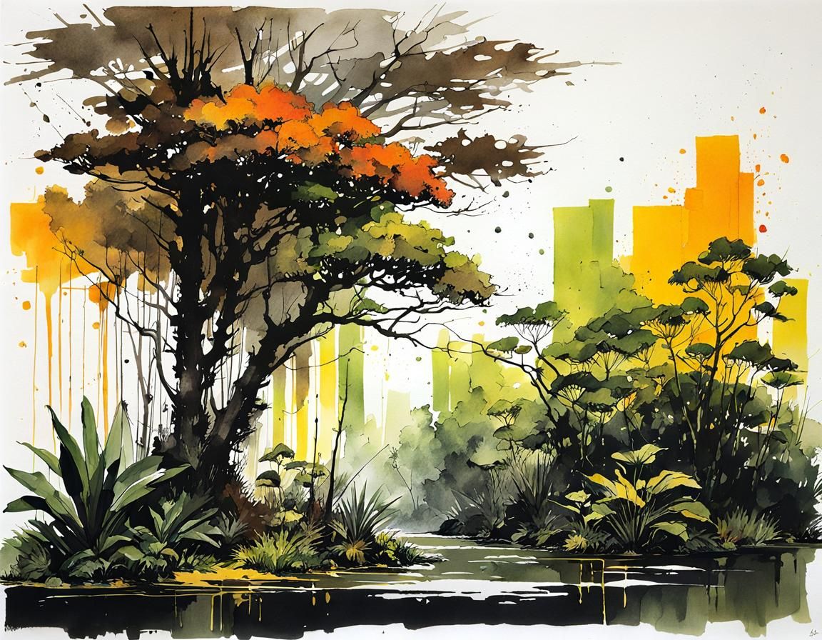 Botanical Ink Drawing with Tropical Colors