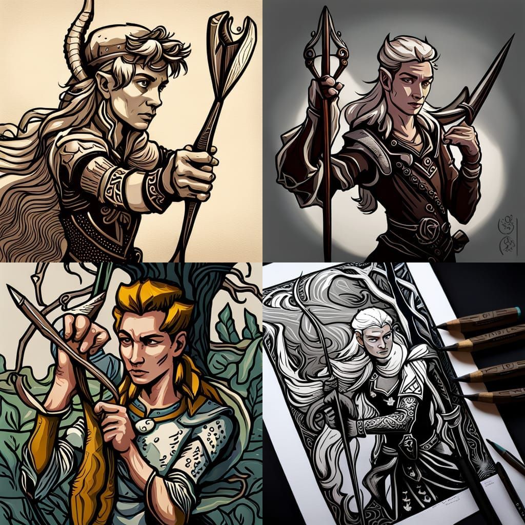 High Elf Archer Fantasy in Linocut Style