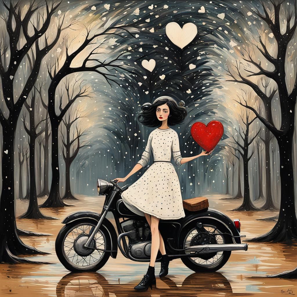 deep strokes painting/thick paint brush strokes upon wooden canvas/beautiful solemn vintage animated  girl holding heart...