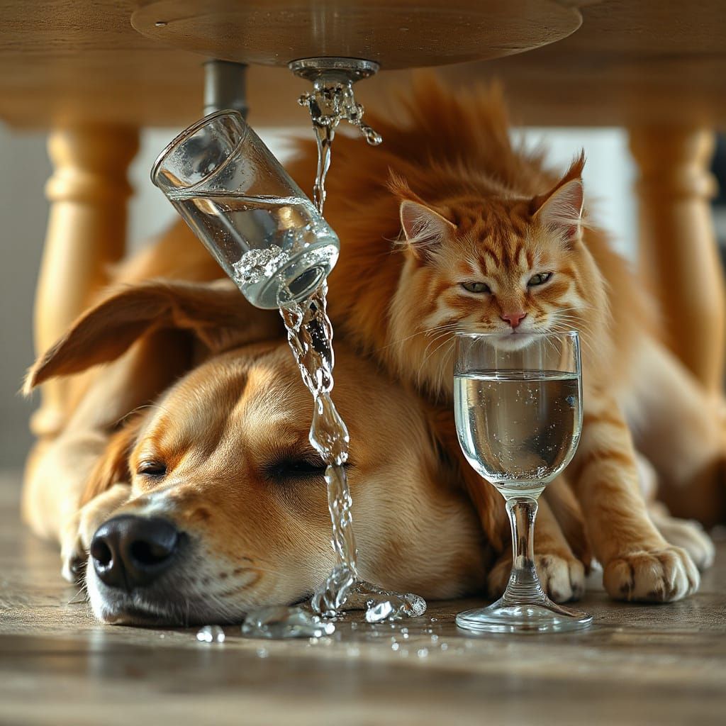Fluffy Cat Upsetting Water on Sleeping Dog