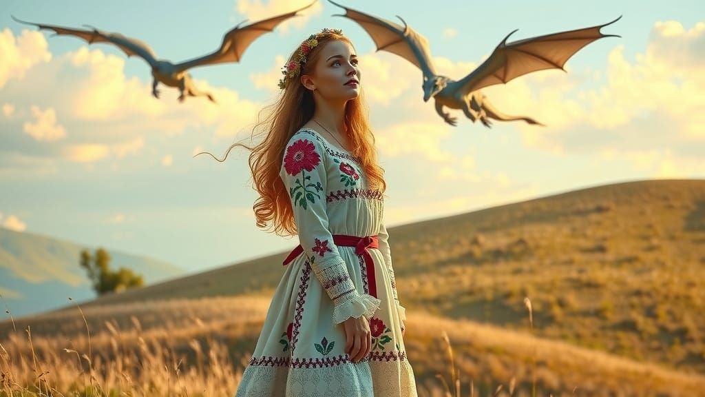 Daenerys Targaryen, dressed in a Ukrainian cross-stitched folk long dress and a wreath of flowers on her head, stands on...