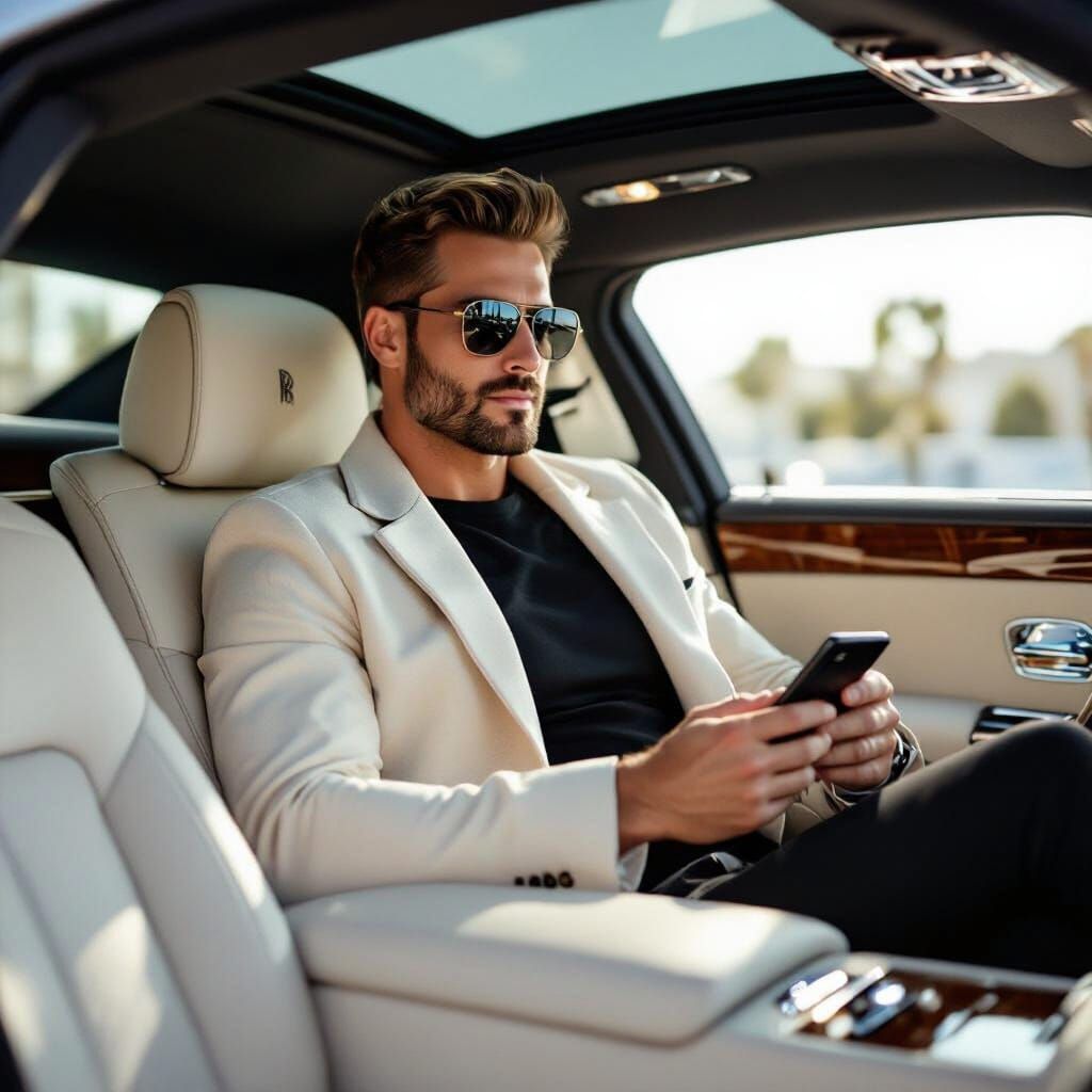 Man in Luxury Rolls-Royce with Smartphone