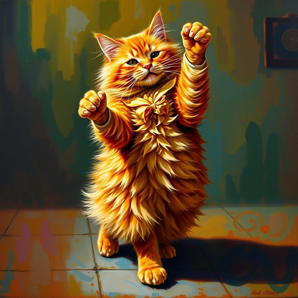 Fluffy Cat Dancing Rumba in Vibrant Impasto Style