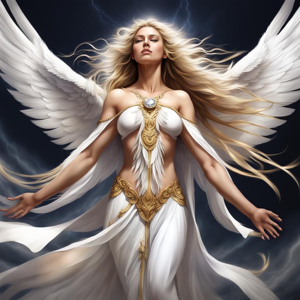 Photorealistic Angel with White Wings and Lightning