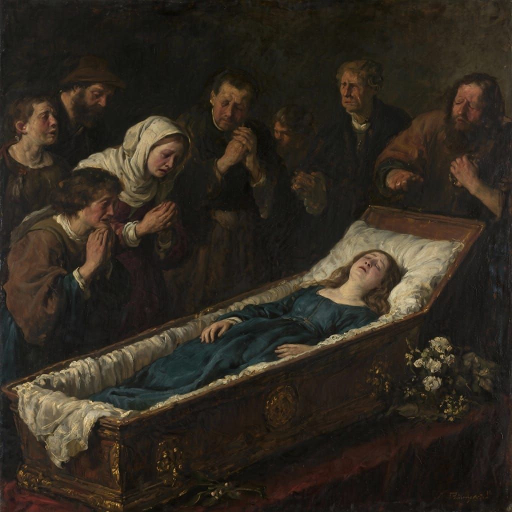 Grieving Loved Ones Surround Woman in Casket