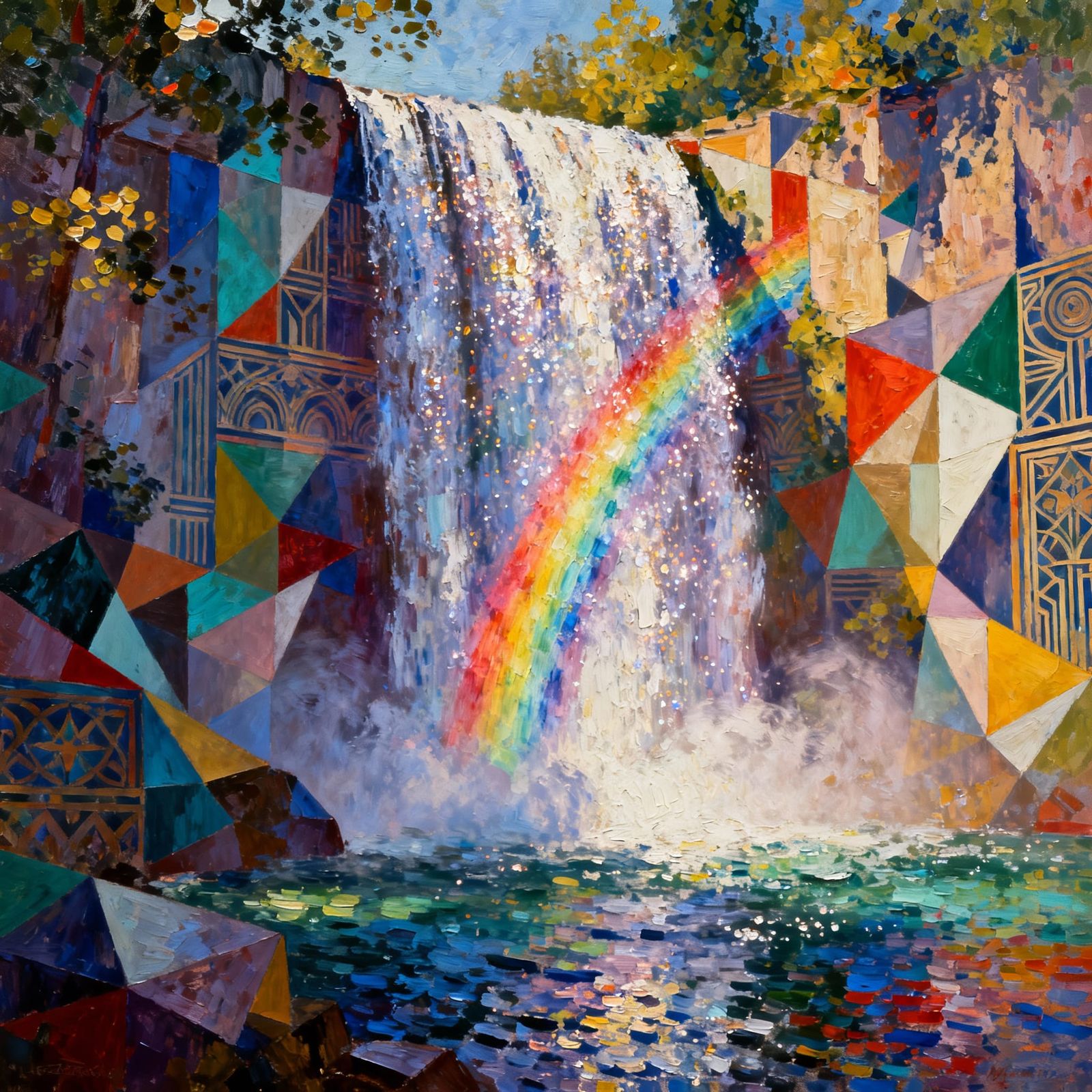 Monolithic Waterfall in Art Deco Neo-Impressionist Style