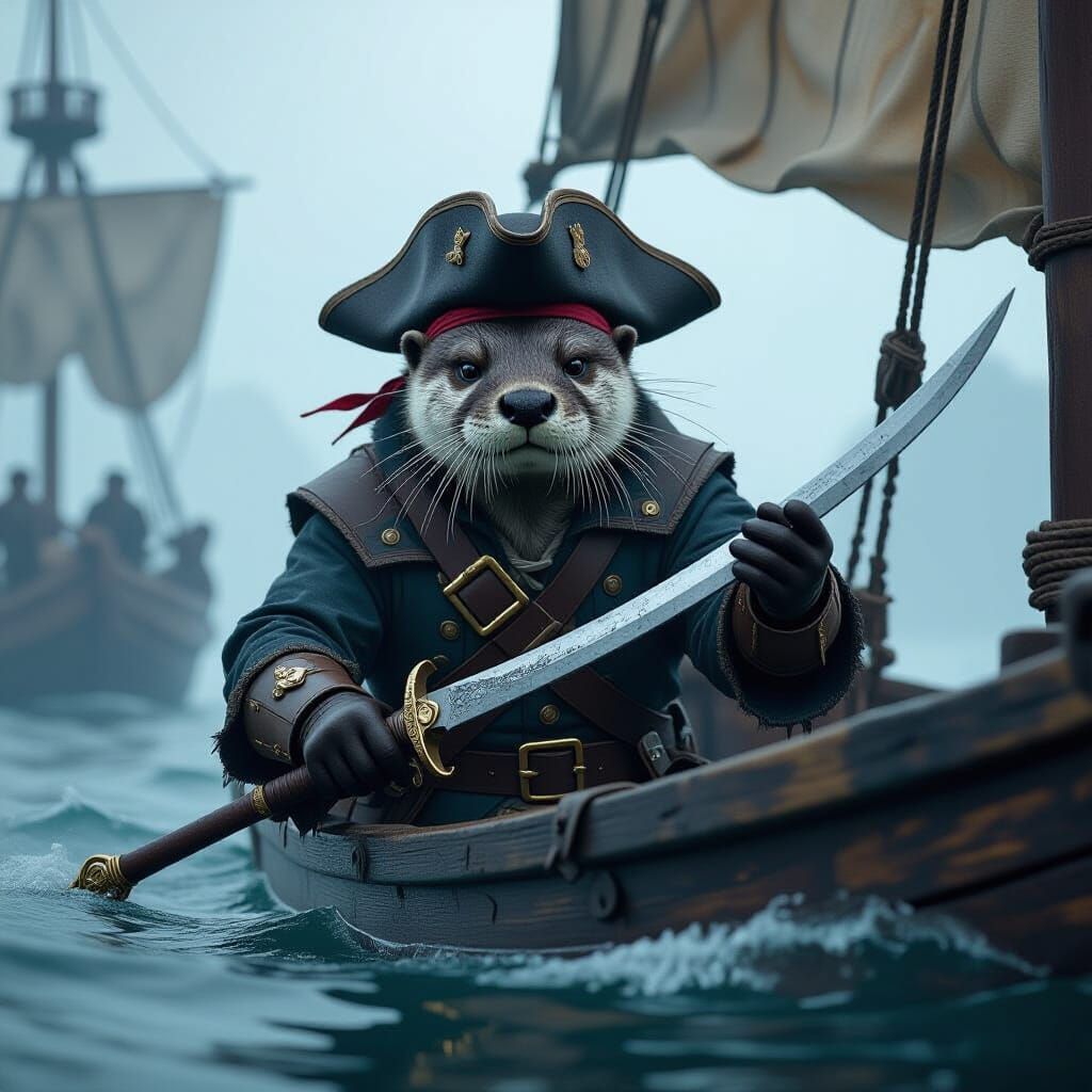 Otter Pirate Captain Navigating Foggy Archipelago