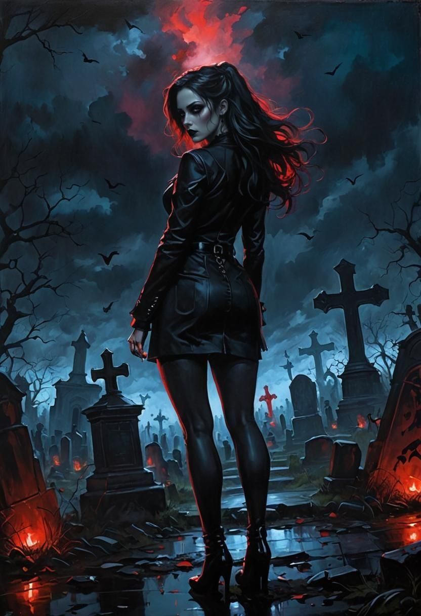 Noir Gothic Graveyard Painting at Night