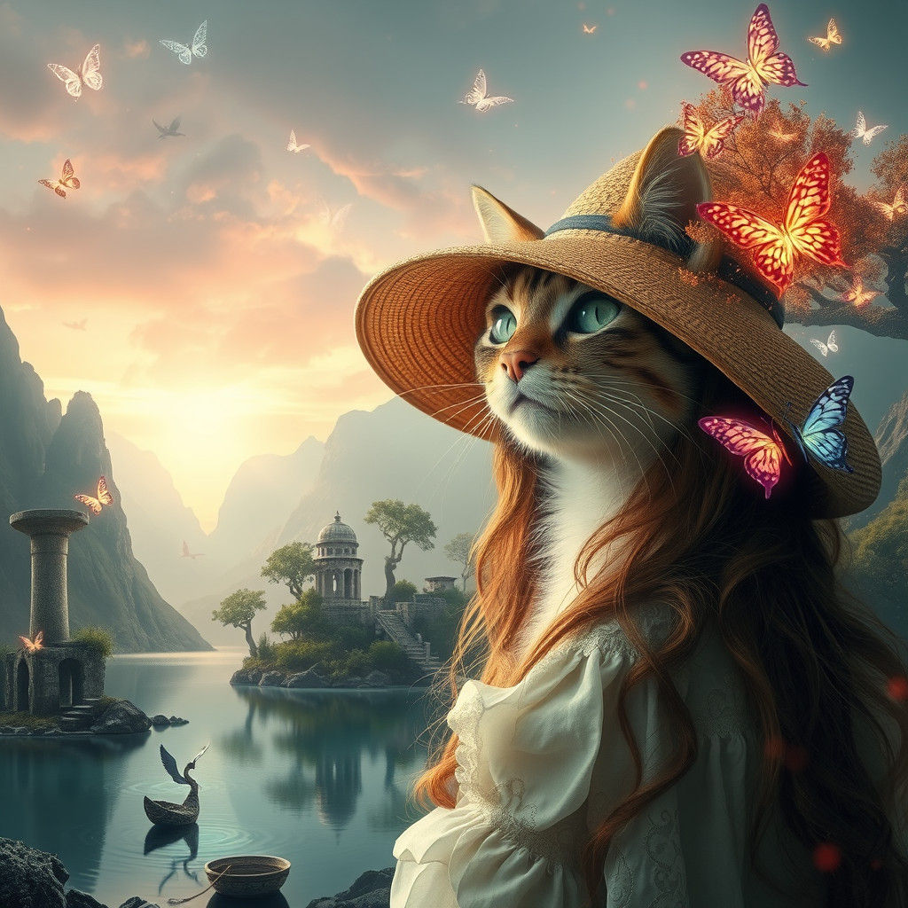 Surreal Woman with Cat Amidst Fantasy Landscape