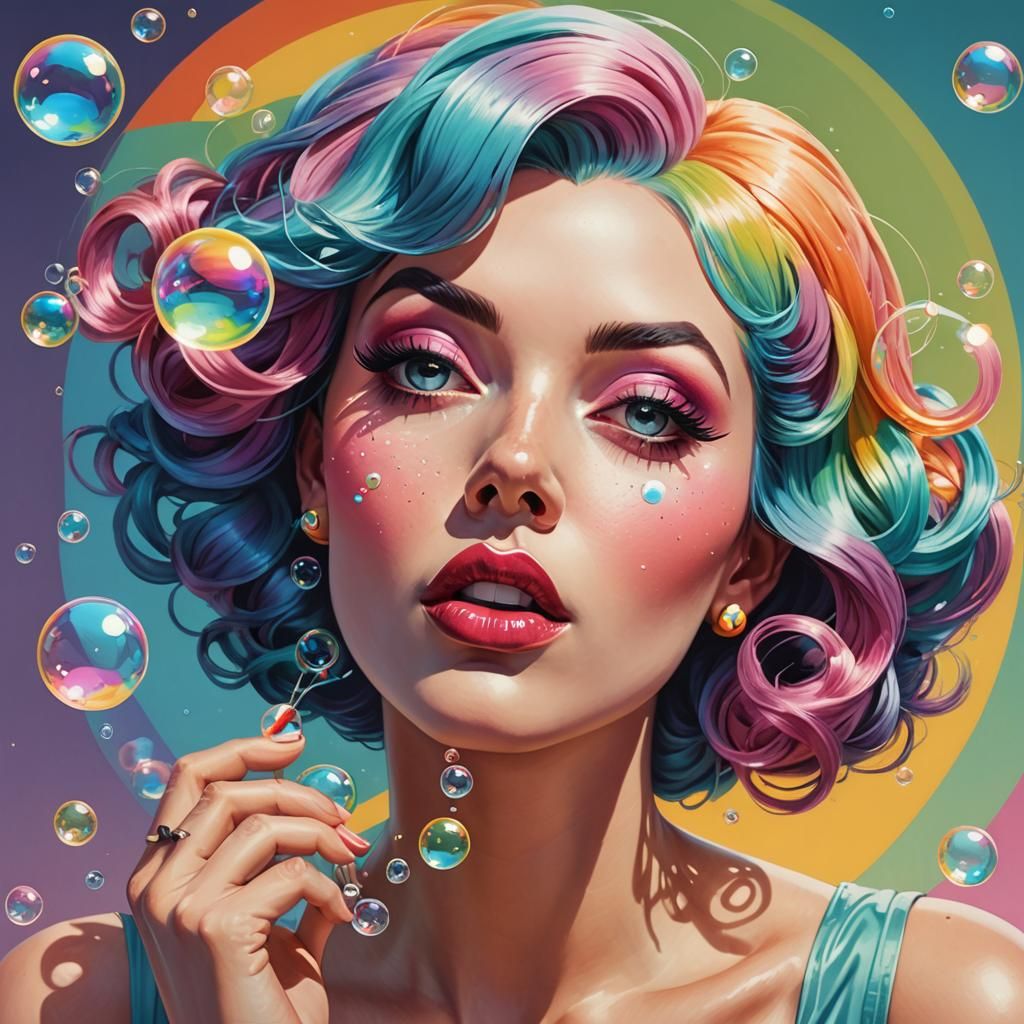 Retro Pinup Model Blowing Bubbles in Pop Art Style