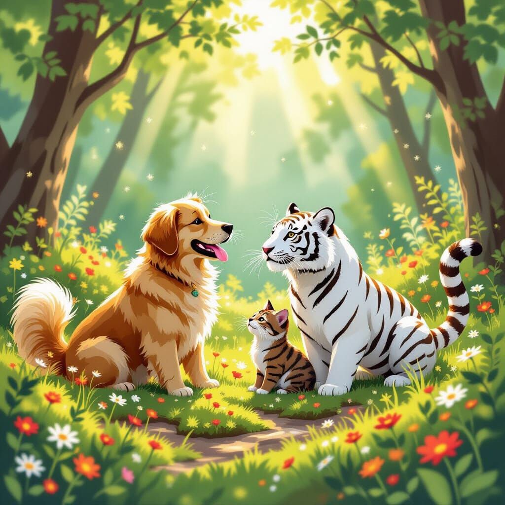 Animals Play Together in Sunlit Forest Clearing, Painterly S...