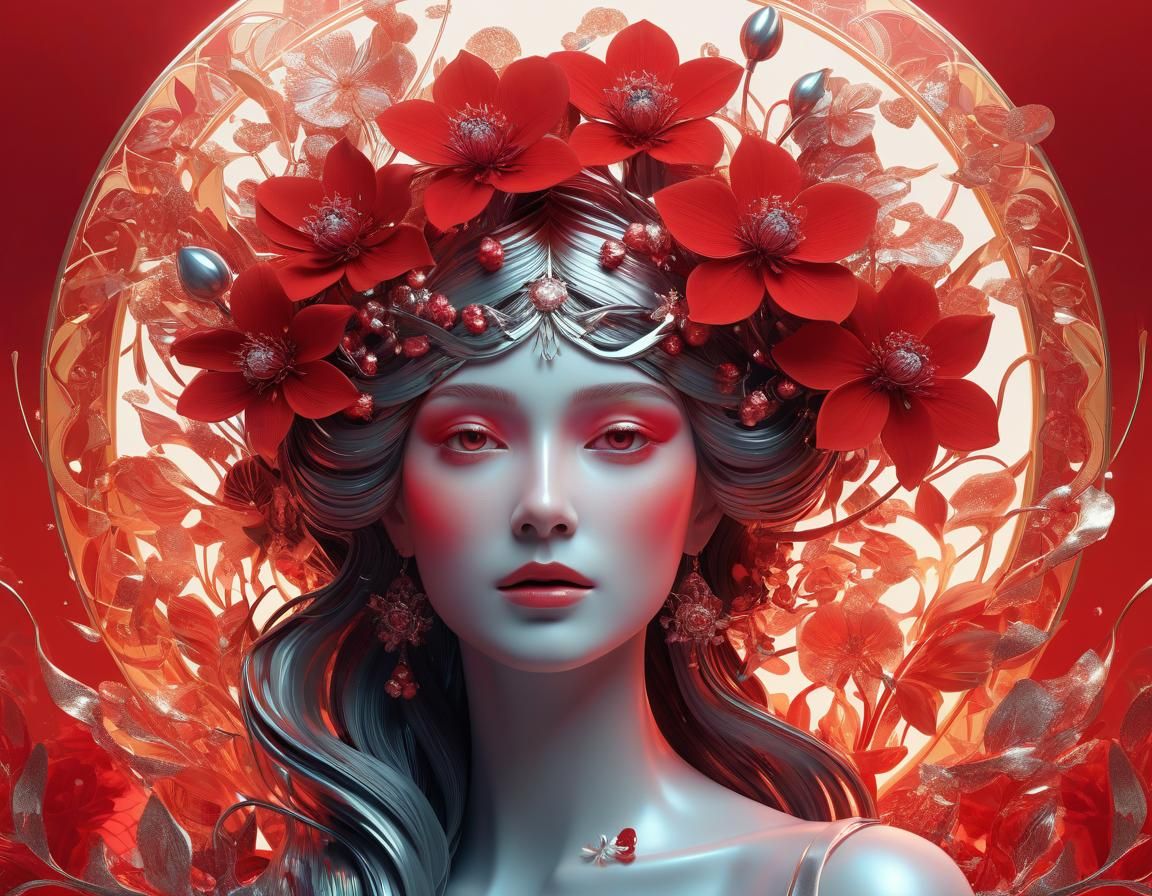 Ethereal Portrait in Cyber Red, Alphonse Mucha Style