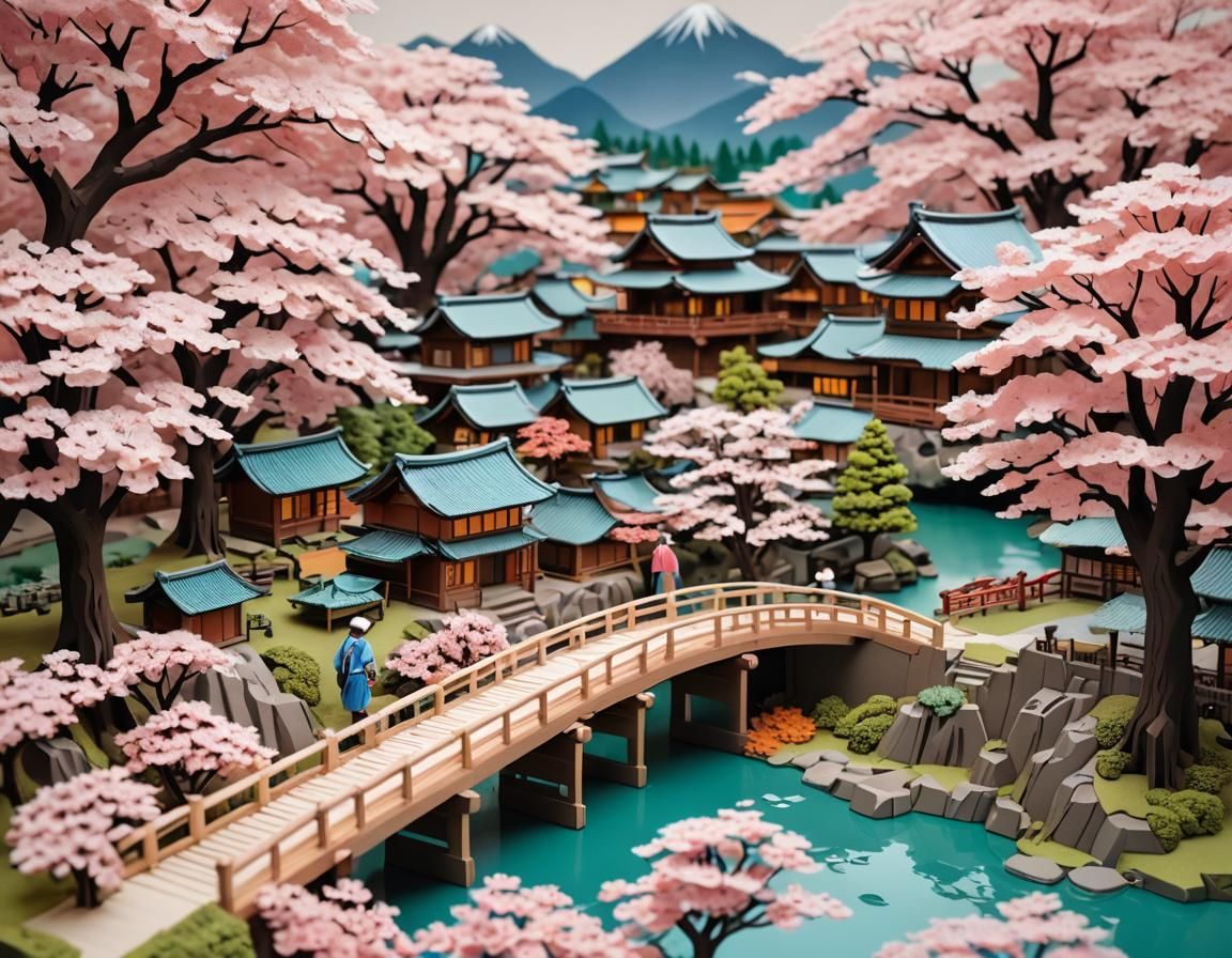 Vibrant Kirigami Village with Sakura Trees