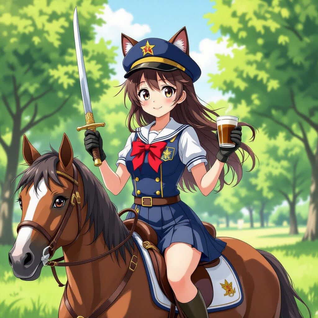 Anime Girl with Cat Ears Riding Horse in Park