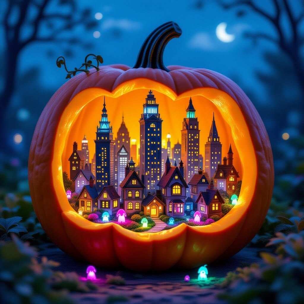 Whimsical Miniature City Inside a Giant Pumpkin