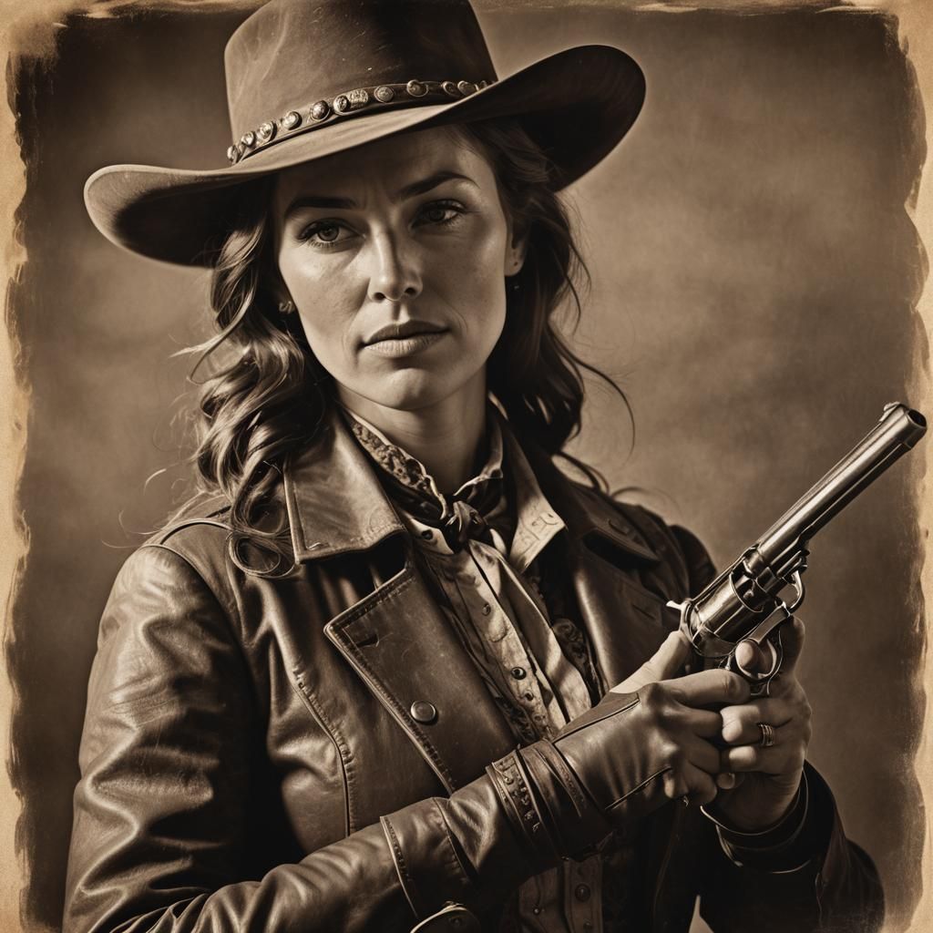 1860s Cowgirl with Colt Peacemaker in Sepia Tones