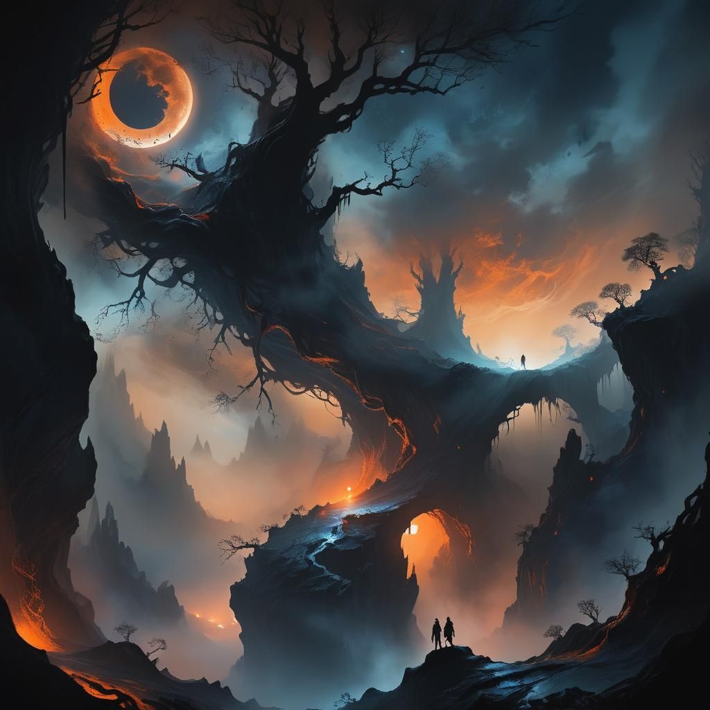 Ethereal Abyss Under Black Moon: Dark Fantasy Landscape