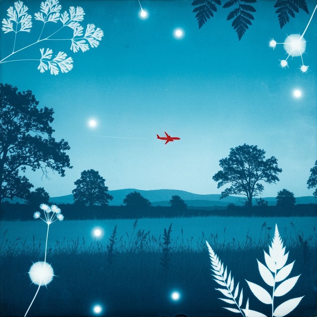 Red Airplane in Cyanotype Landscape