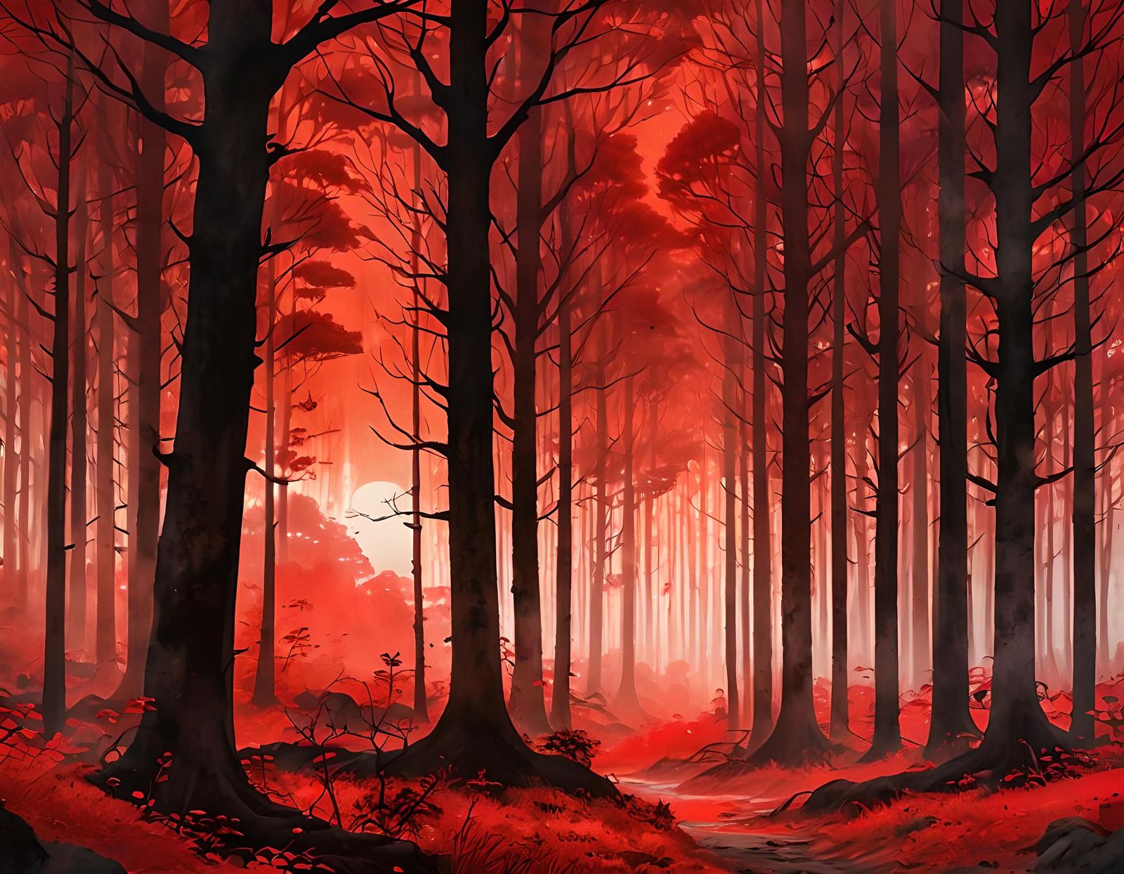 Crimson Forest at Sunset: Ink Wash Painting