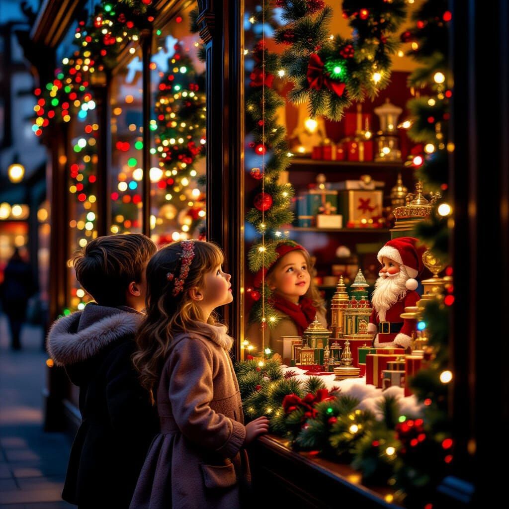 Victorian Children Gaze Longingly into Toy Shop Window