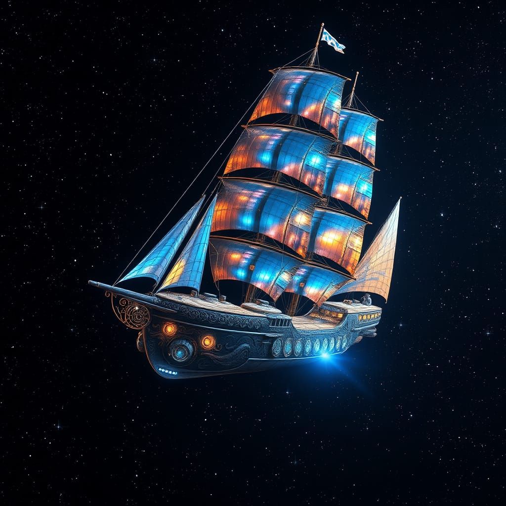 Surreal Cosmic Brigantine Ship in Iridescent Blues and Golds