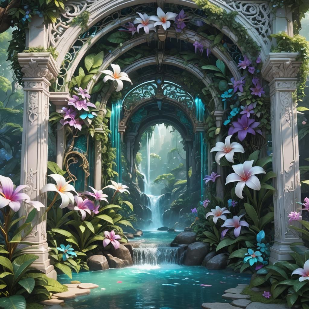 Holographic Jungle Waterfall Portal in Anime Style