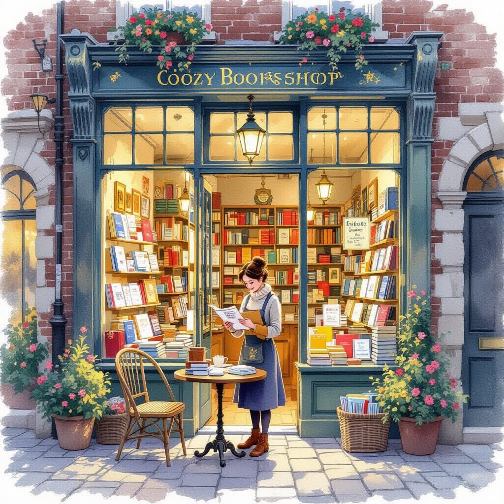 Cozy Bookshop Scene in Gouache and Watercolor Style