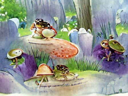 Frogs on Mushrooms: A Storybook Garden Scene