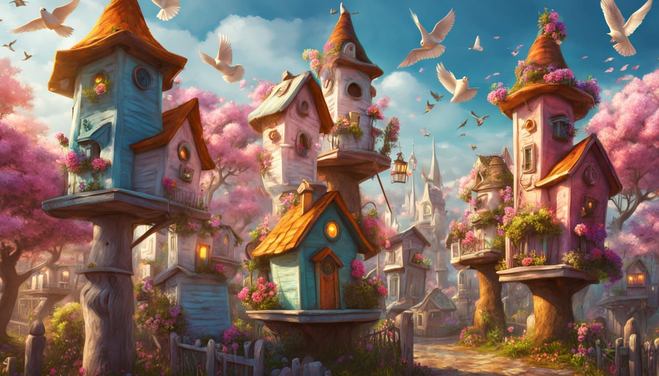 White Birdhouse City in Spring: Fantasy Concept Art