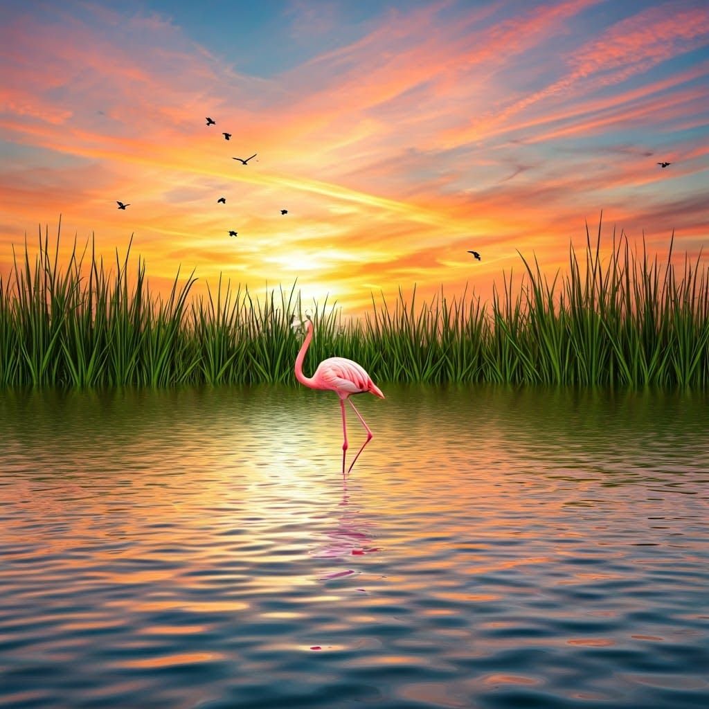 Flamingo at Sunset in Impressionistic Style