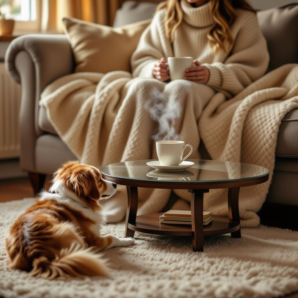 Cozy Dog Gazes at Reflection of Warm Tea Moment