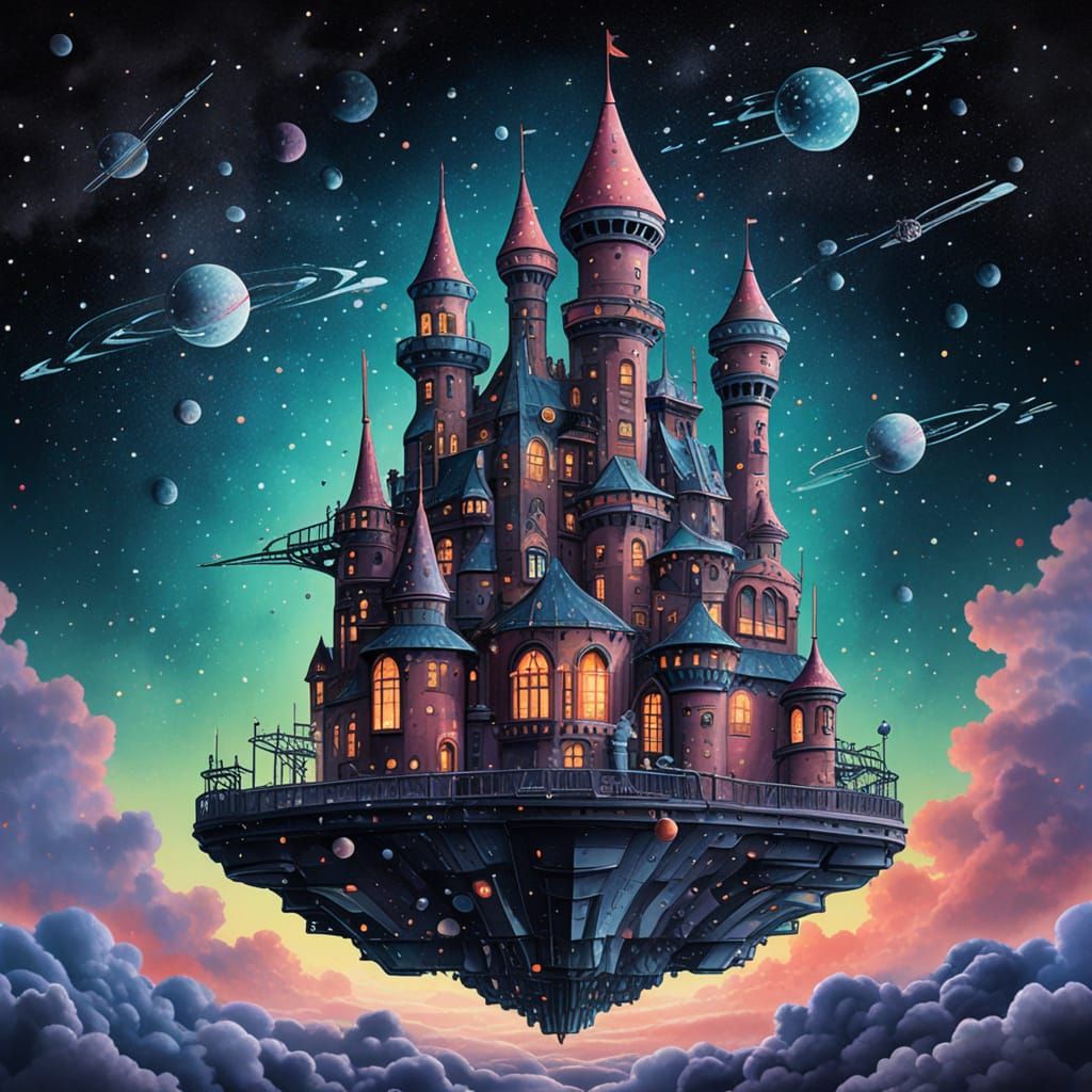 Floating Space Station Castle in Watercolor Style