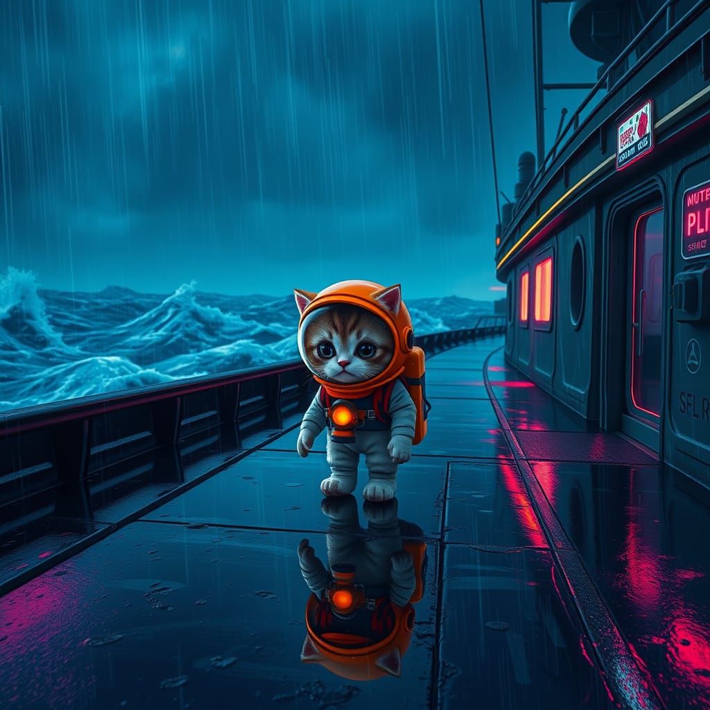 Futuristic Kitten Contemplates the Stormy Sea in Cyberpunk S...