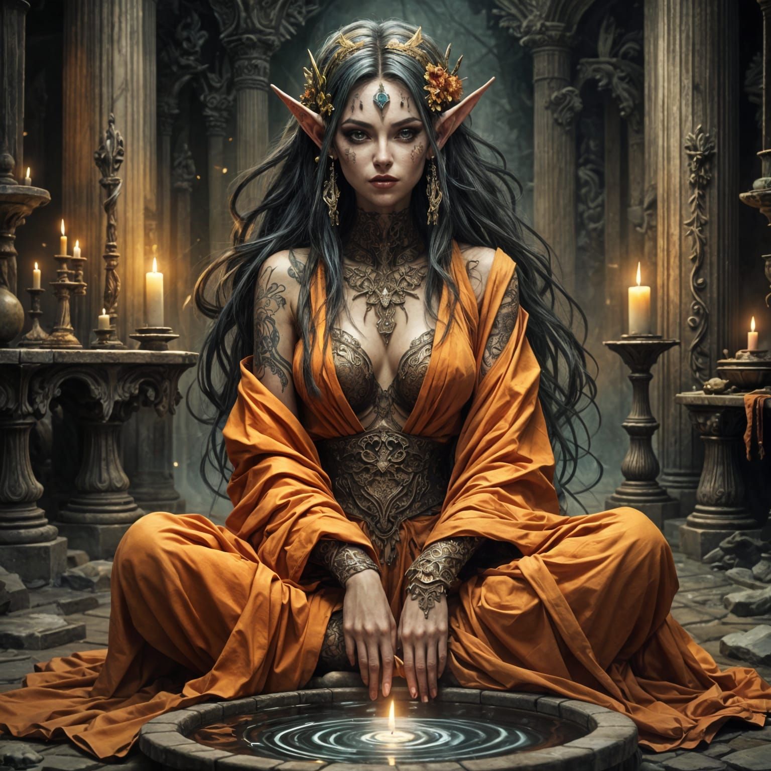 Mystical Elf Woman Gazes from Candlelit Chamber