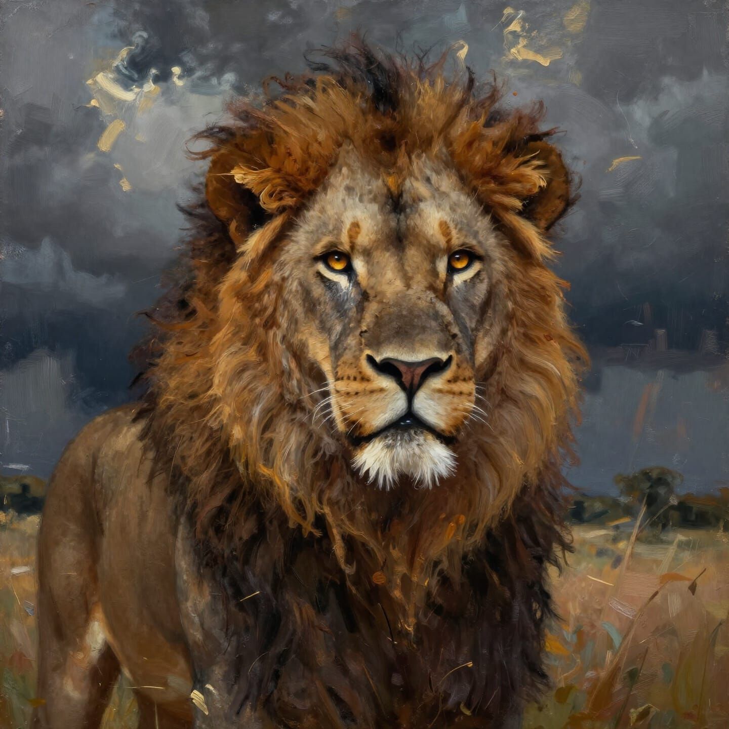 Majestic Lion Portrait in Rich Oil Painting Style