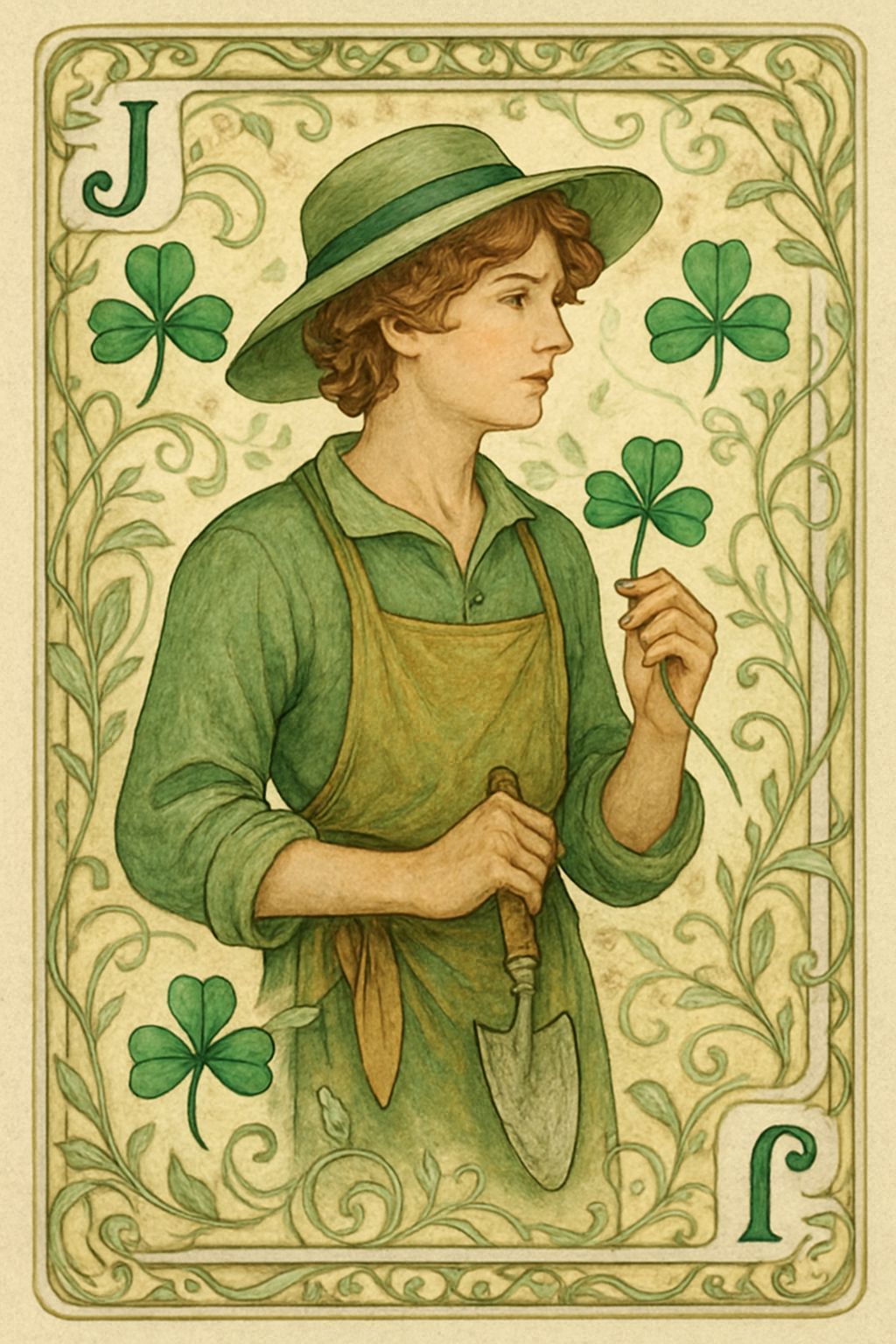 Art Nouveau Jack of Clubs Playing Card with Gardener