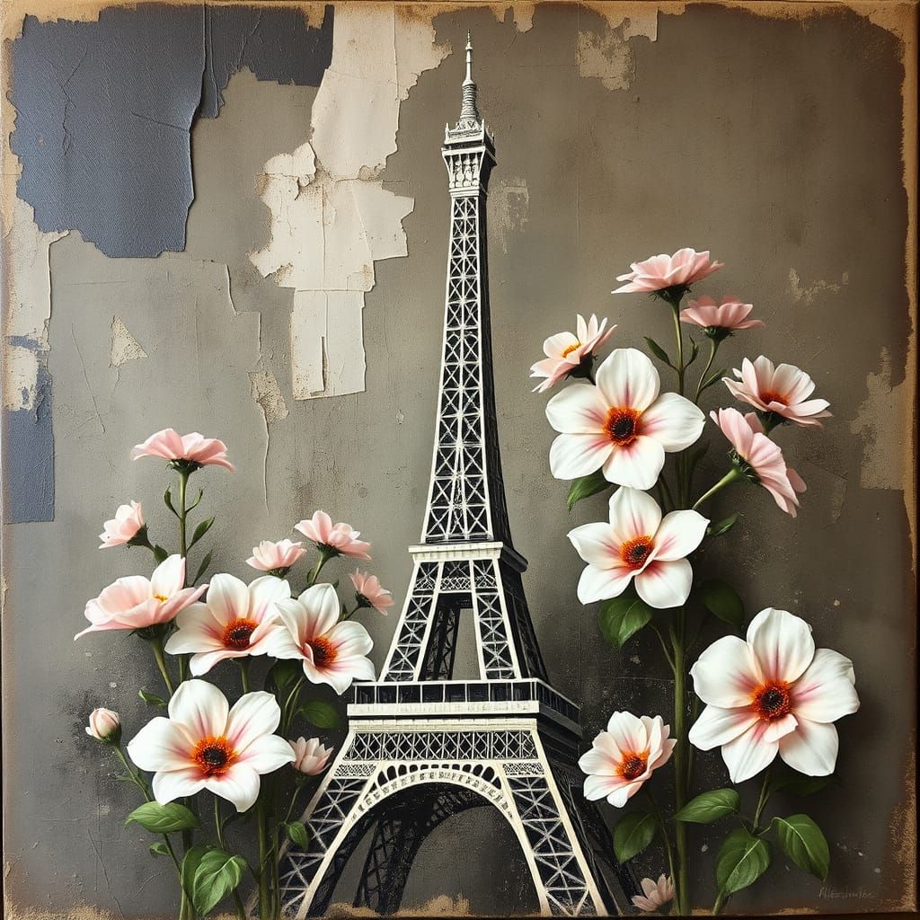 Eiffel Tower in Pastel Flowers, Romantic Decay Painting